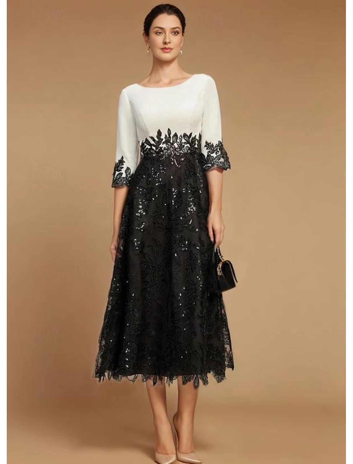 Buyishang A-Line Mother of the Bride Dress Wedding Guest Elegant Vintage Jewel Neck Tea Length Lace Half Sleeve with Lace Color Block free custom size